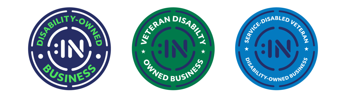 Disability-Owned Business Enterprise (DOBE®), Veteran Disability-Owned Business Enterprise (V-DOBE®), Service-Disabled Veteran Disability-Owned Business Enterprise (SDV-DOBE®) logos.
